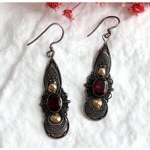 Balinese Gold Garnet Beaded Vintage Oxidized Sterling Silver 925 Earrings